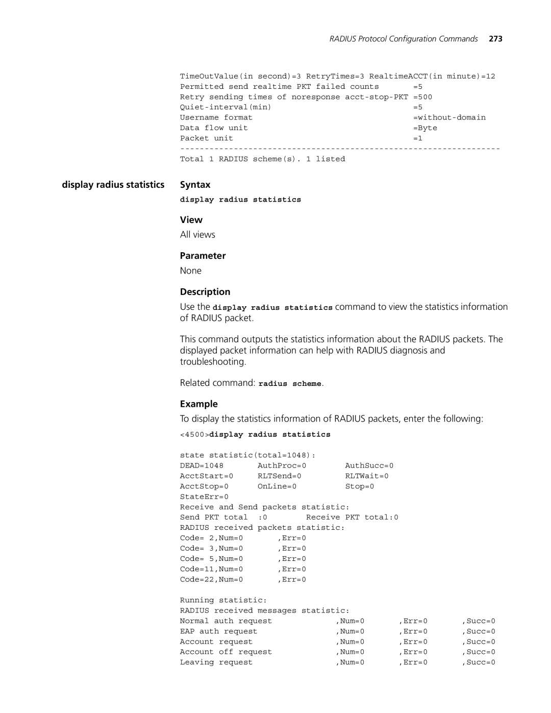 3Com 4500 26-PORT manual Display radius statistics Syntax, Displayed packet information can help with Radius diagnosis 