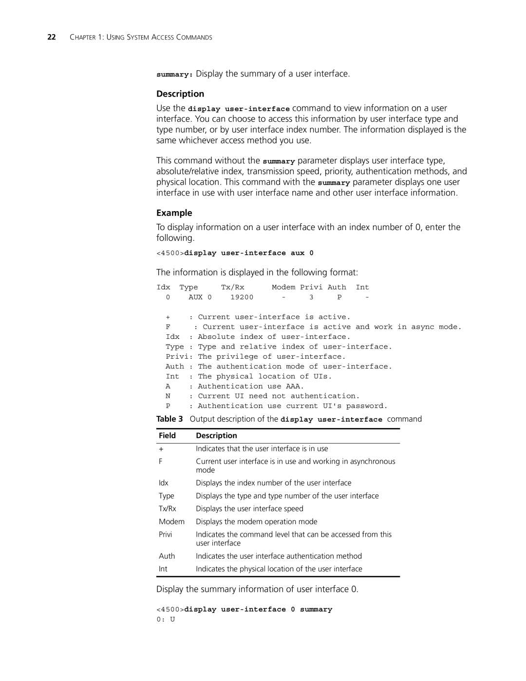 3Com 4500 PWR 50-PORT Summary Display the summary of a user interface, Information is displayed in the following format 