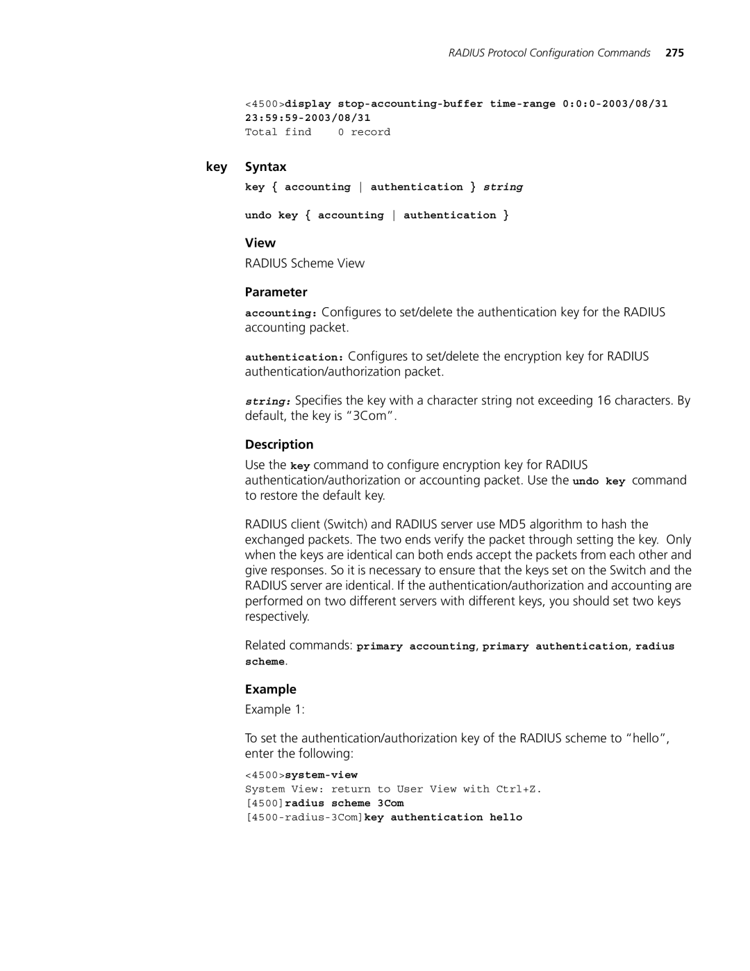 3Com 4500 PWR 26-PORT, 4500 PWR 50-PORT manual Key Syntax, 4500radius scheme 3Com Radius-3Comkey authentication hello 