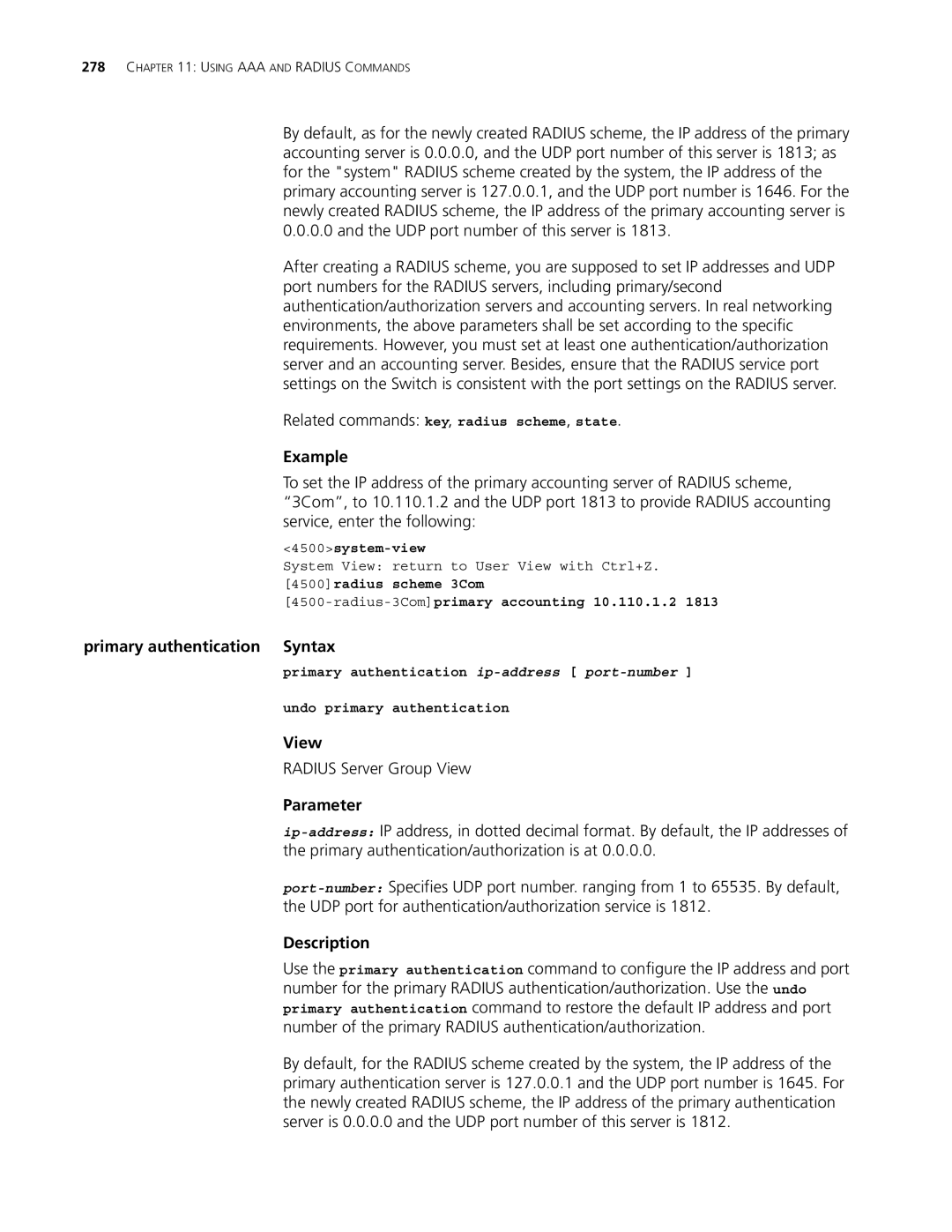 3Com 4500 PWR 50-PORT Related commands key, radius scheme, state, Primary authentication Syntax, Radius Server Group View 