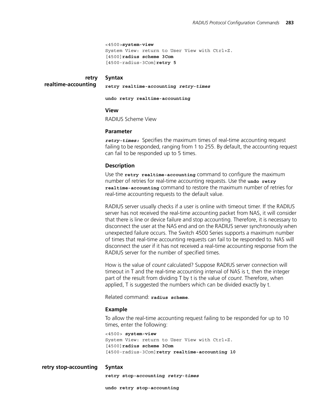 3Com 4500 PWR 26-PORT manual Retry stop-accounting Syntax, 4500radius scheme 3Com Radius-3Comretry realtime-accounting 