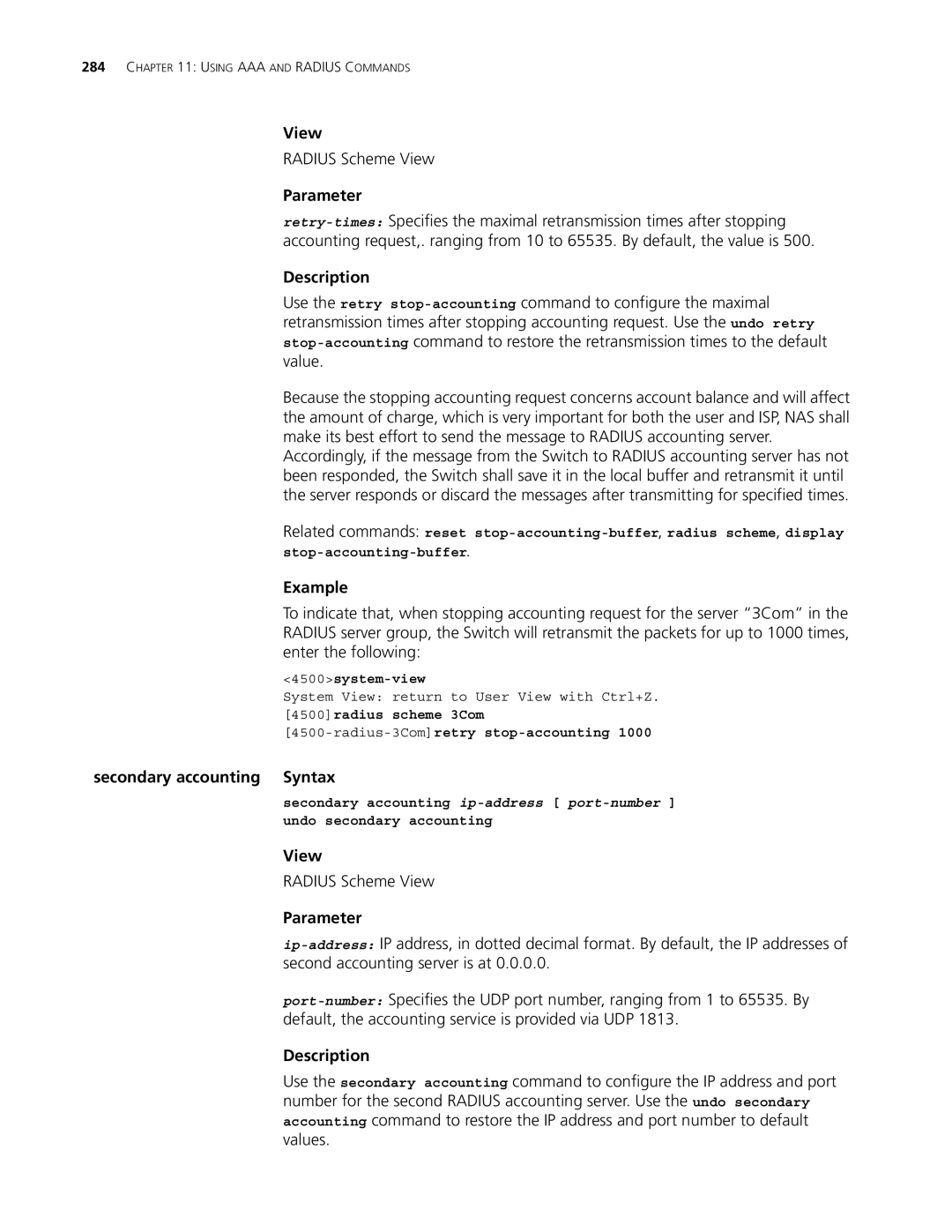 3Com 4500 50-PORT, 4500 PWR 50-PORT Secondary accounting Syntax, 4500radius scheme 3Com Radius-3Comretry stop-accounting 