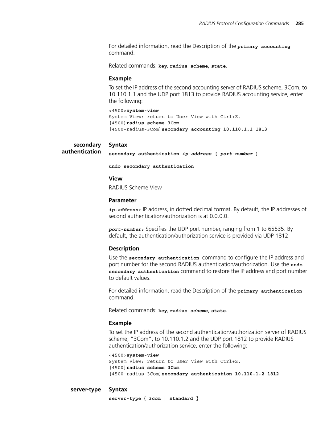 3Com 4500 26-PORT, 4500 PWR 50-PORT, 4500 PWR 26-PORT, 4500 50-PORT manual Server-type Syntax, Server-type 3com standard 