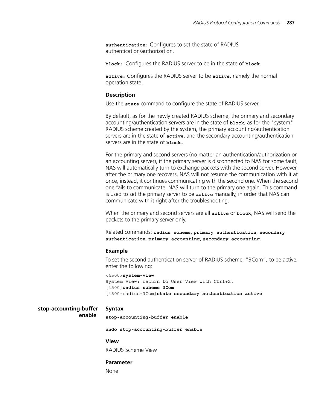 3Com 4500 PWR 26-PORT, 4500 PWR 50-PORT, 4500 50-PORT, 4500 26-PORT manual Stop-accounting-buffer enable 