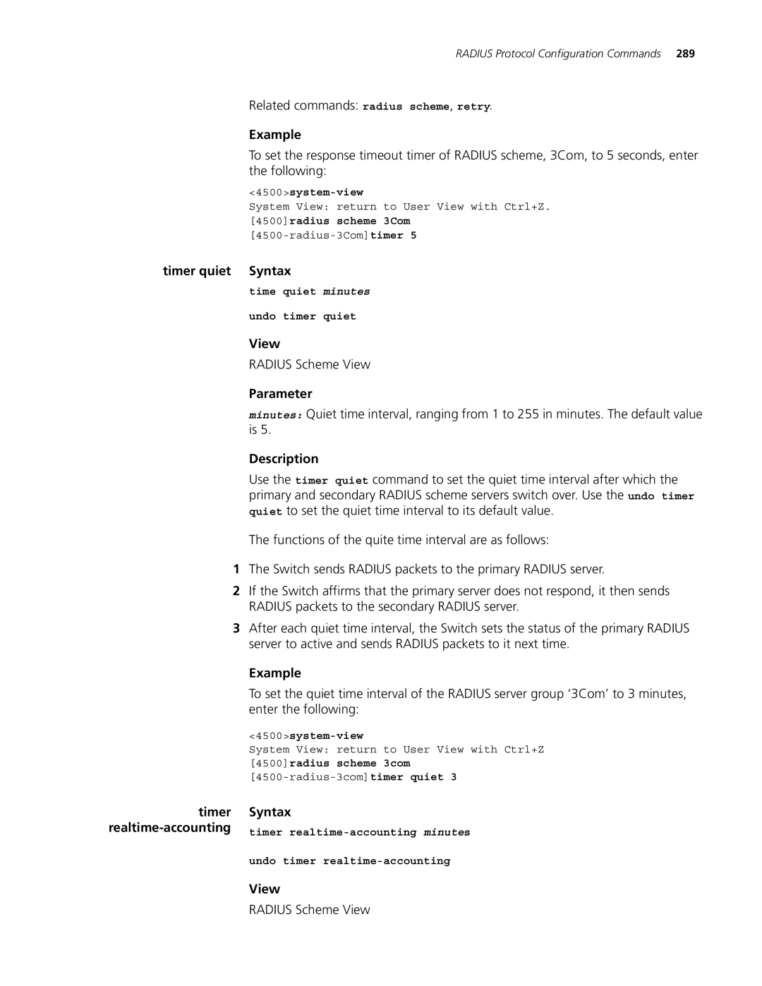 3Com 4500 26-PORT manual Related commands radius scheme, retry, Timer quiet Syntax, Time quiet minutes Undo timer quiet 