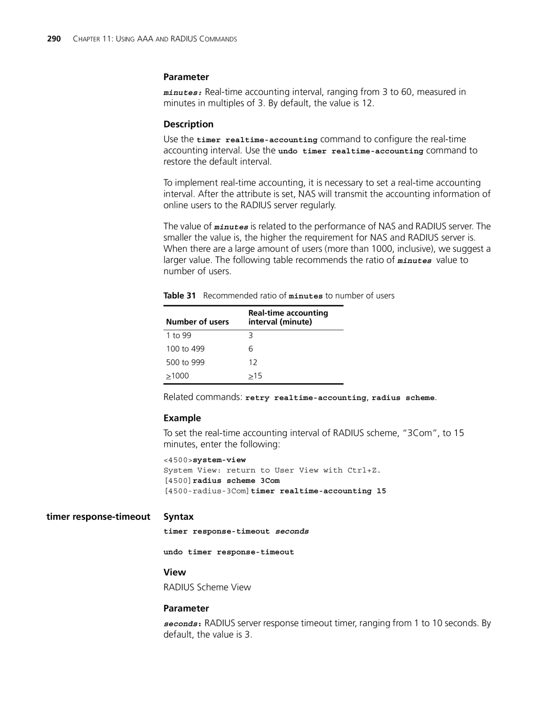 3Com 4500 PWR 50-PORT, 4500 PWR 26-PORT Timer response-timeout Syntax, Recommended ratio of minutes to number of users 