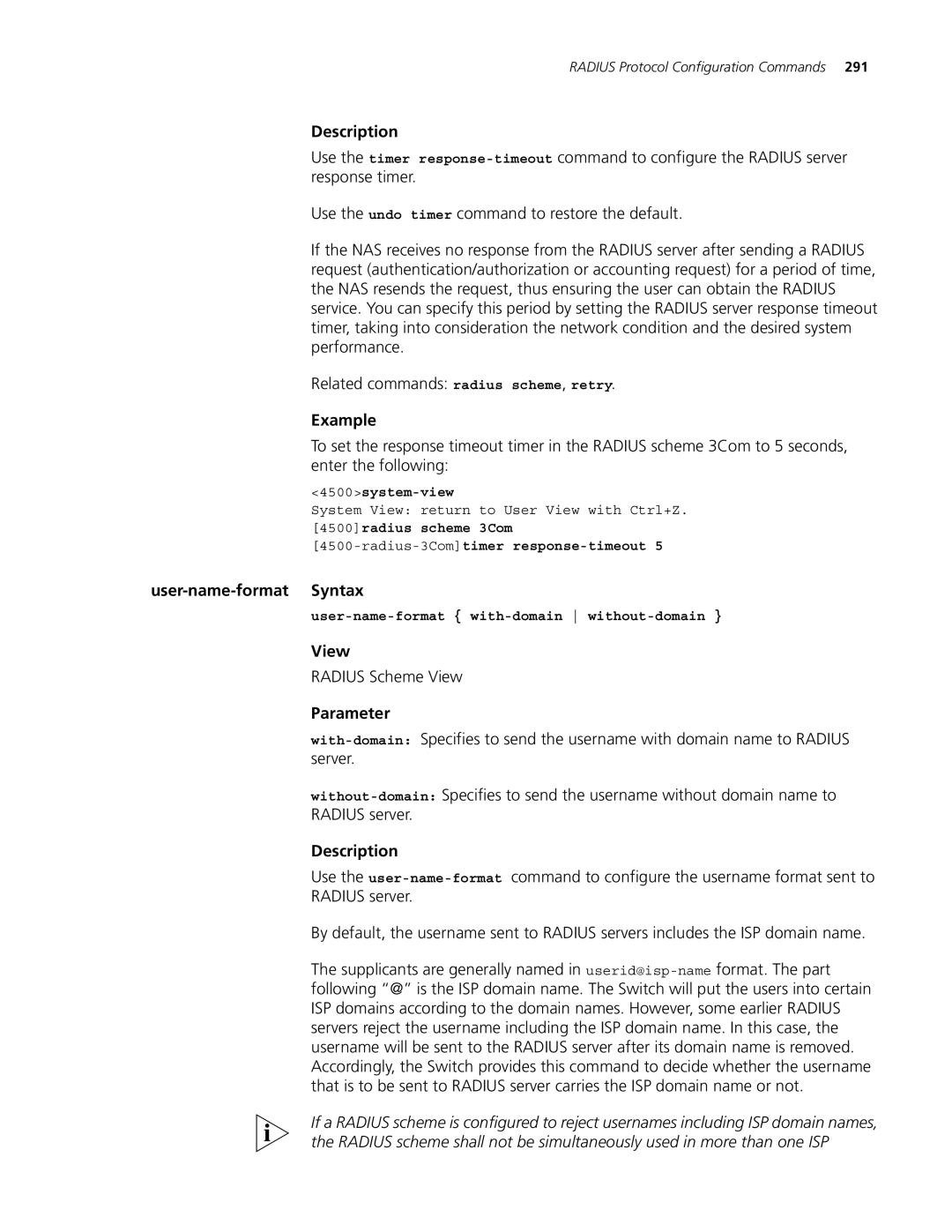 3Com 4500 PWR 26-PORT, 4500 PWR 50-PORT User-name-format Syntax, 4500radius scheme 3Com Radius-3Comtimer response-timeout 