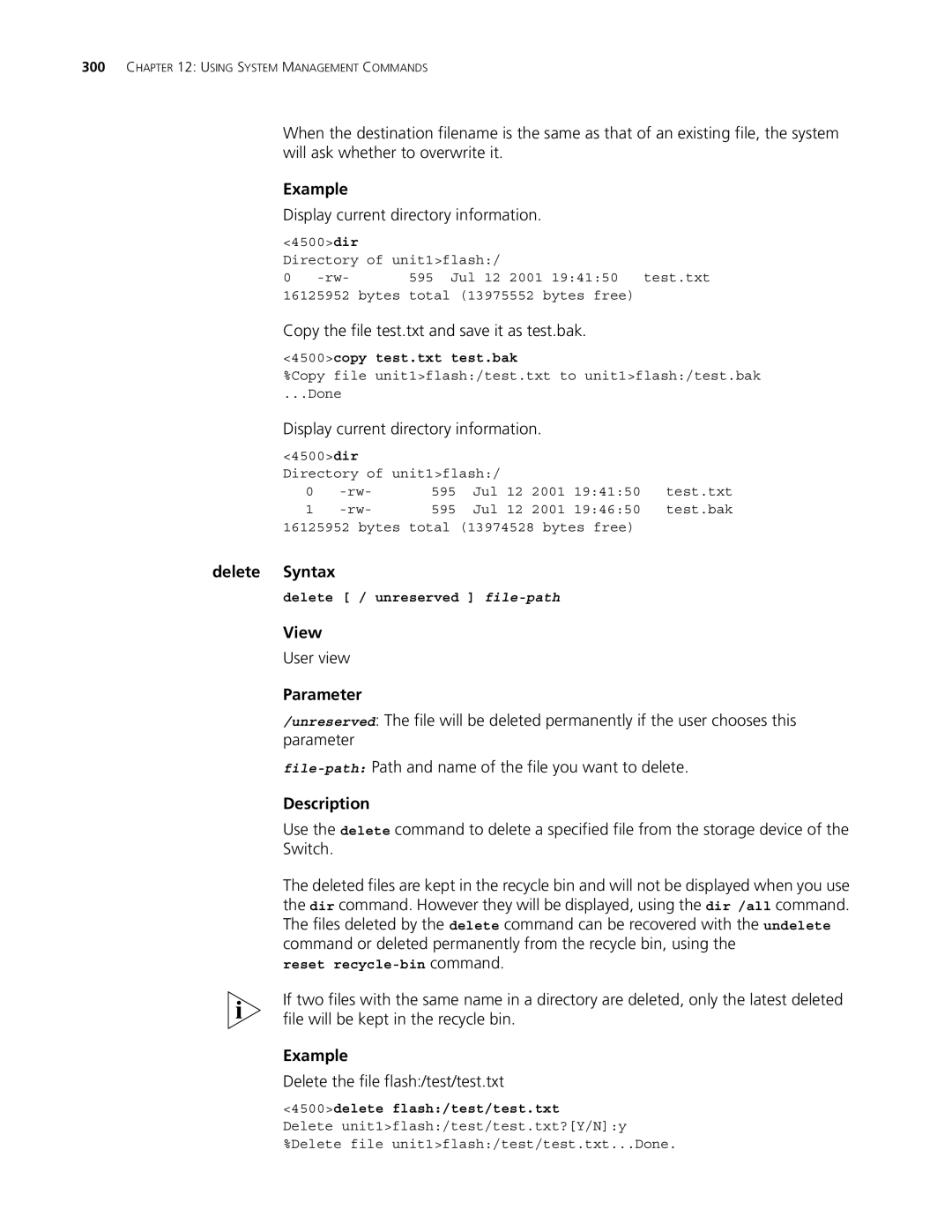 3Com 4500 50-PORT Display current directory information, Copy the file test.txt and save it as test.bak, Delete Syntax 