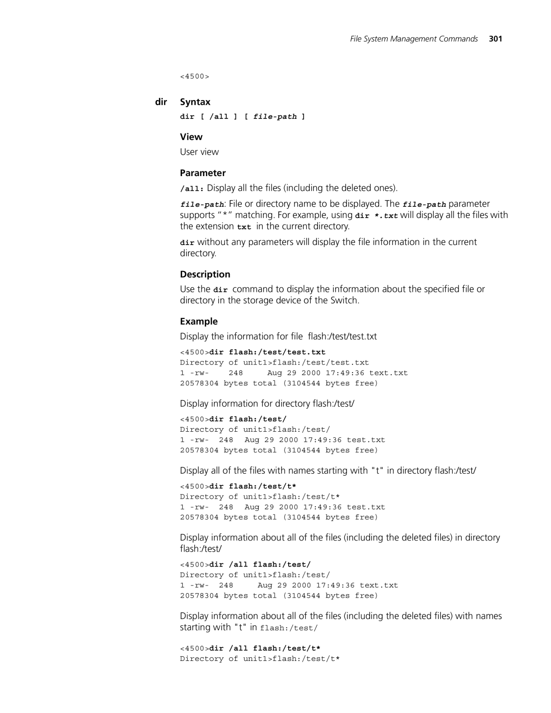 3Com 4500 26-PORT, 4500 PWR 50-PORT, 4500 PWR 26-PORT manual Dir Syntax, Display the information for file flash/test/test.txt 