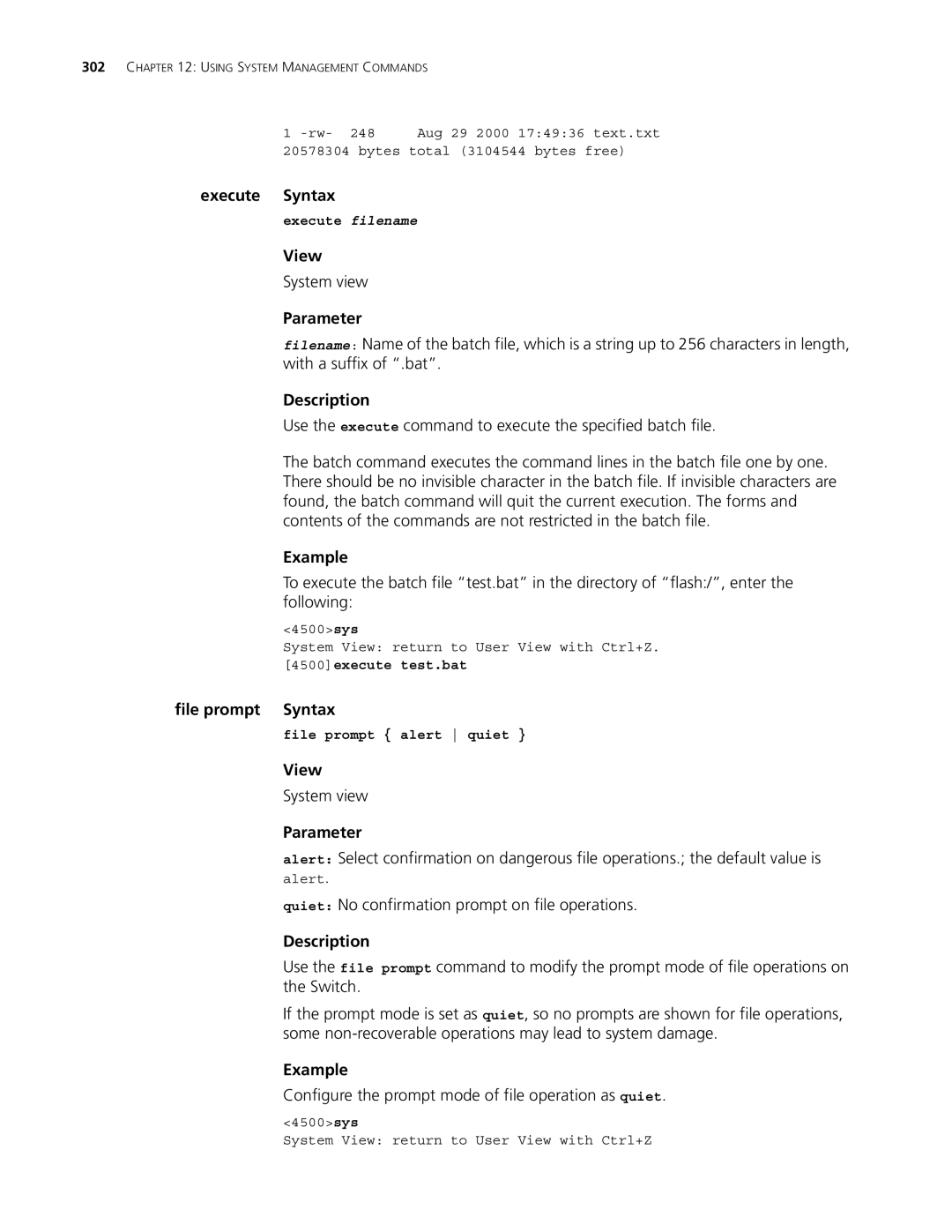 3Com 4500 PWR 50-PORT manual Execute Syntax, File prompt Syntax, Configure the prompt mode of file operation as quiet 