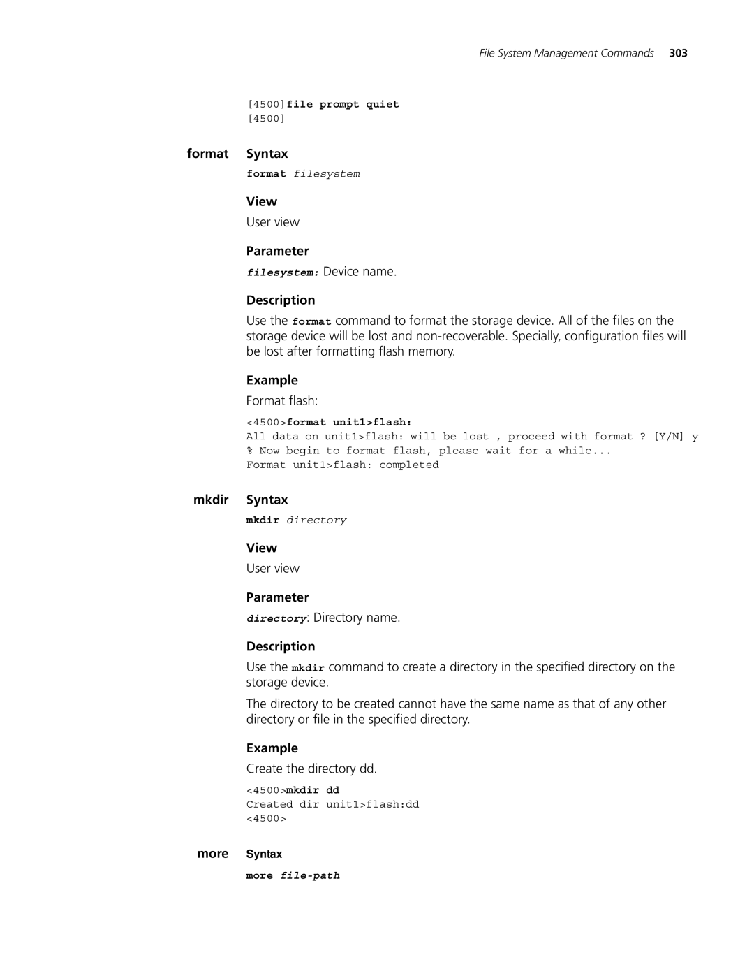 3Com 4500 PWR 26-PORT manual Format Syntax, Format flash, Mkdir Syntax, Directory Directory name, Create the directory dd 