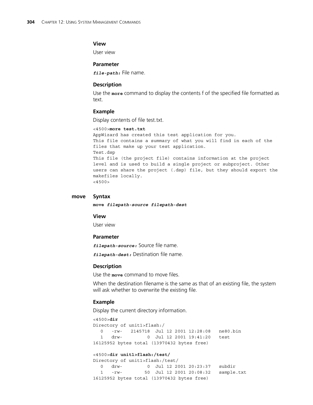 3Com 4500 50-PORT, 4500 26-PORT Display contents of file test.txt, Move Syntax, Display the current directory information 