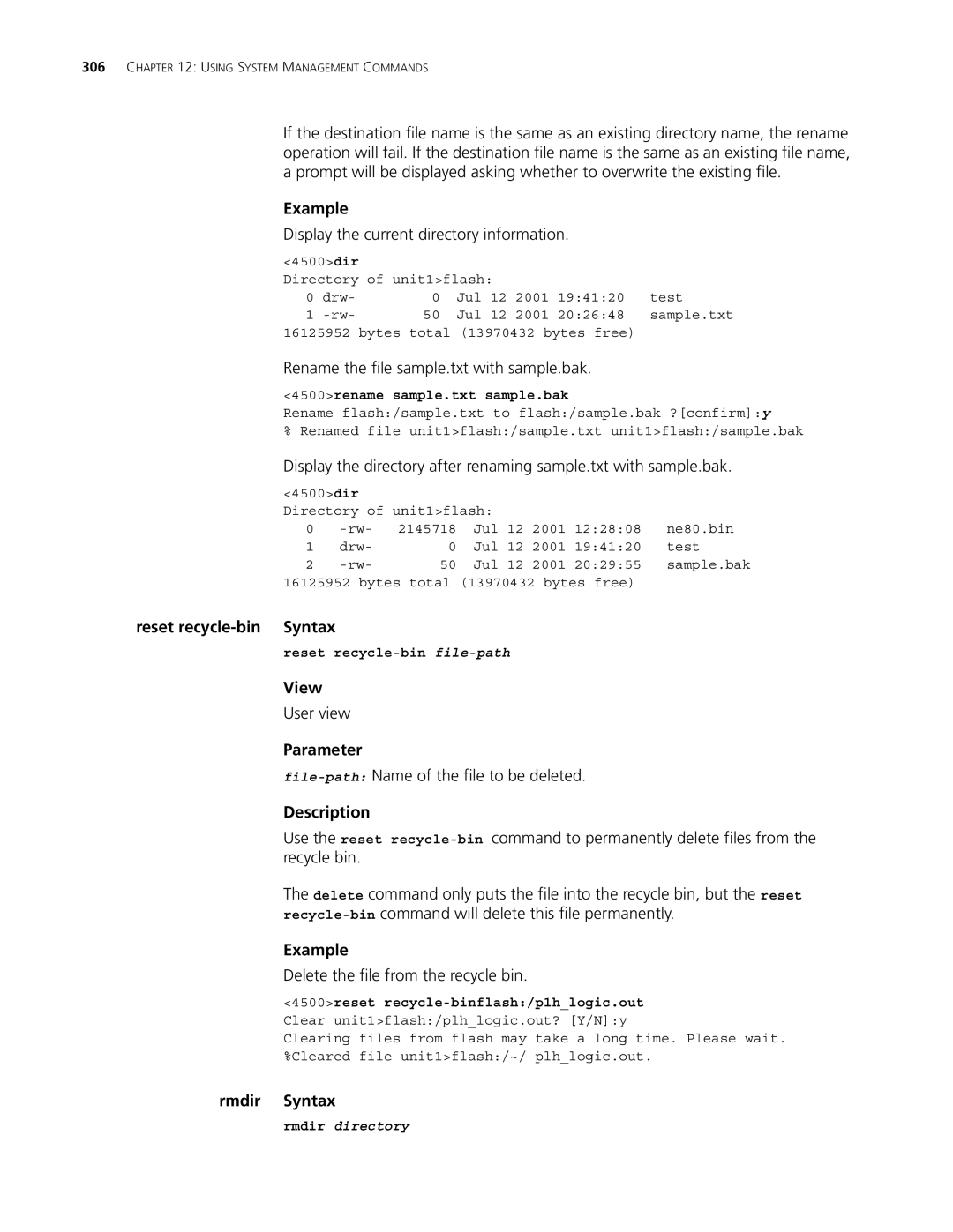 3Com 4500 PWR 50-PORT, 4500 PWR 26-PORT Reset recycle-bin Syntax, File-pathName of the file to be deleted, Rmdir Syntax 