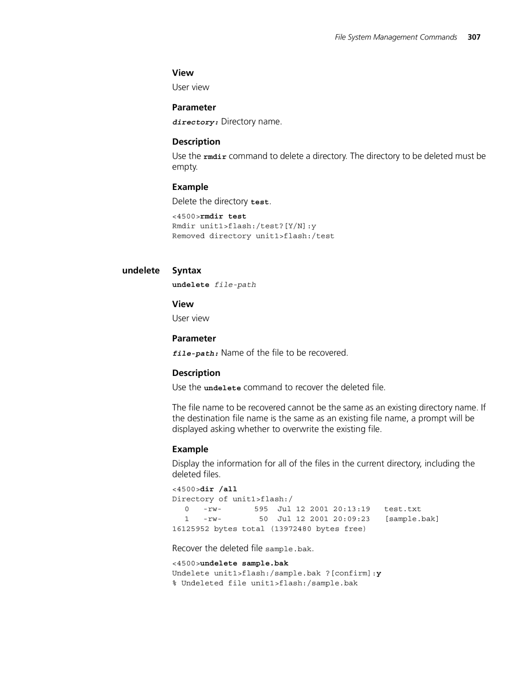 3Com 4500 PWR 26-PORT, 4500 50-PORT Delete the directory test, Undelete Syntax, File-pathName of the file to be recovered 