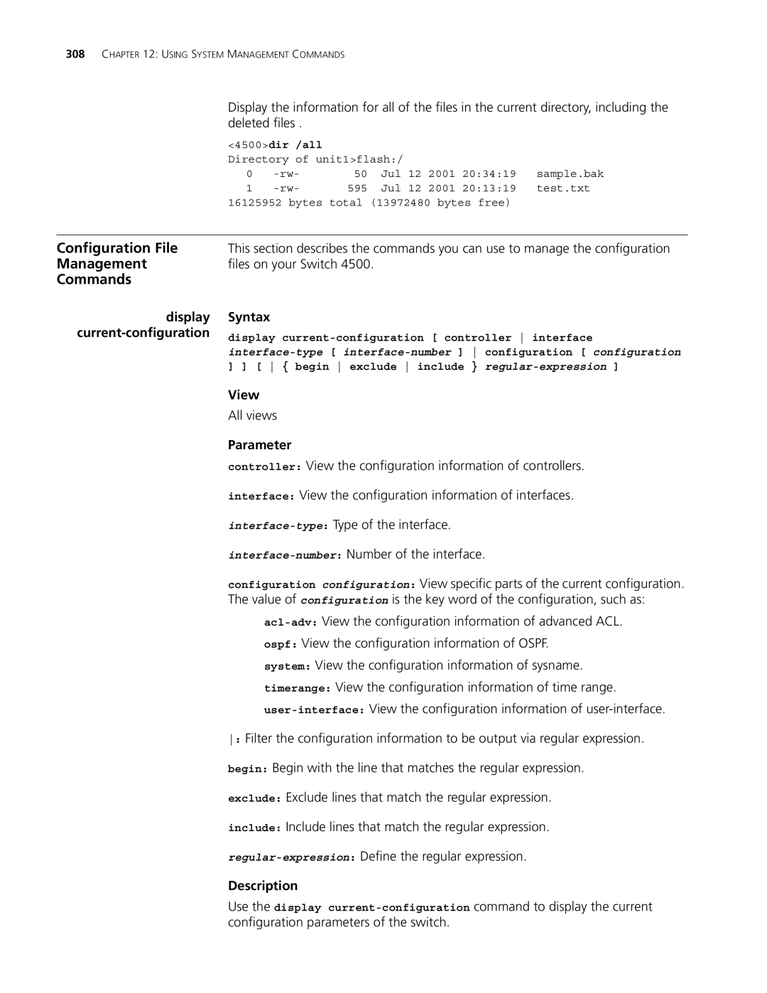 3Com 4500 50-PORT, 4500 PWR 50-PORT, 4500 26-PORT Files on your Switch, Display Syntax Current-configuration, 4500dir /all 