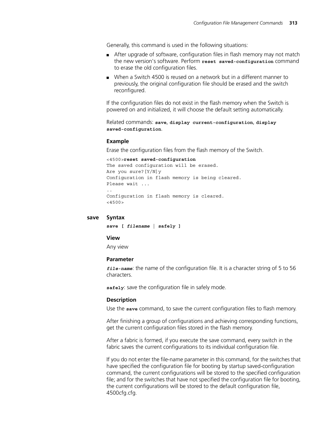 3Com 4500 26-PORT, 4500 PWR 50-PORT, 4500 PWR 26-PORT manual Save Syntax, 4500reset saved-configuration, Save filename safely 