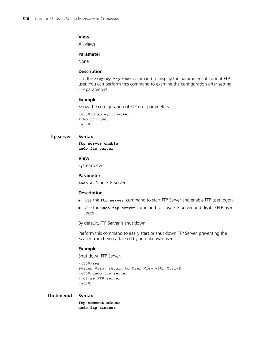 3Com 4500 50-PORT, 4500 26-PORT Show the configuration of FTP user parameters, Ftp server Syntax, Enable Start FTP Server 