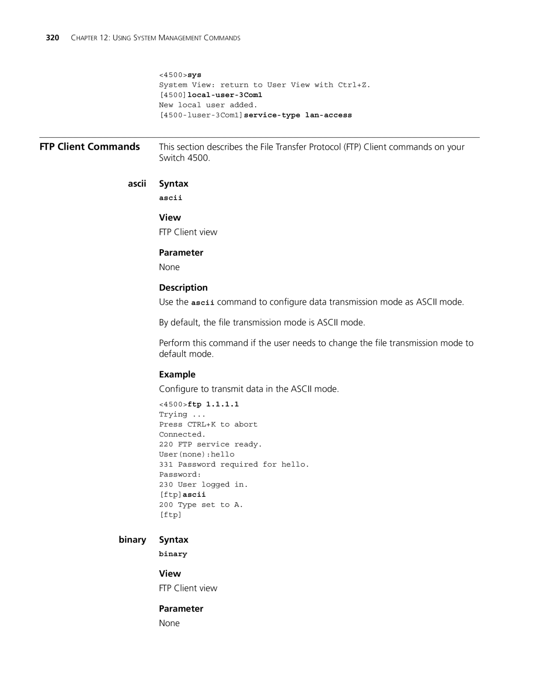 3Com 4500 50-PORT, 4500 26-PORT Ascii Syntax, FTP Client view, Configure to transmit data in the Ascii mode, Binary Syntax 