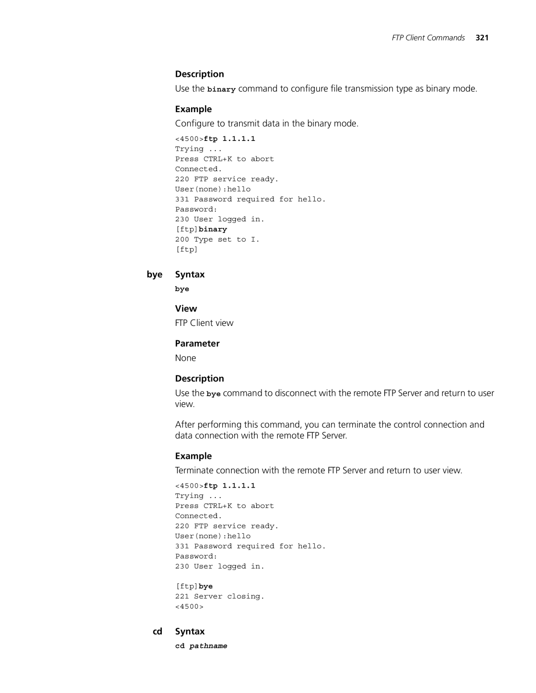 3Com 4500 26-PORT, 4500 PWR 50-PORT, 4500 PWR 26-PORT Configure to transmit data in the binary mode, Bye Syntax, Cd Syntax 