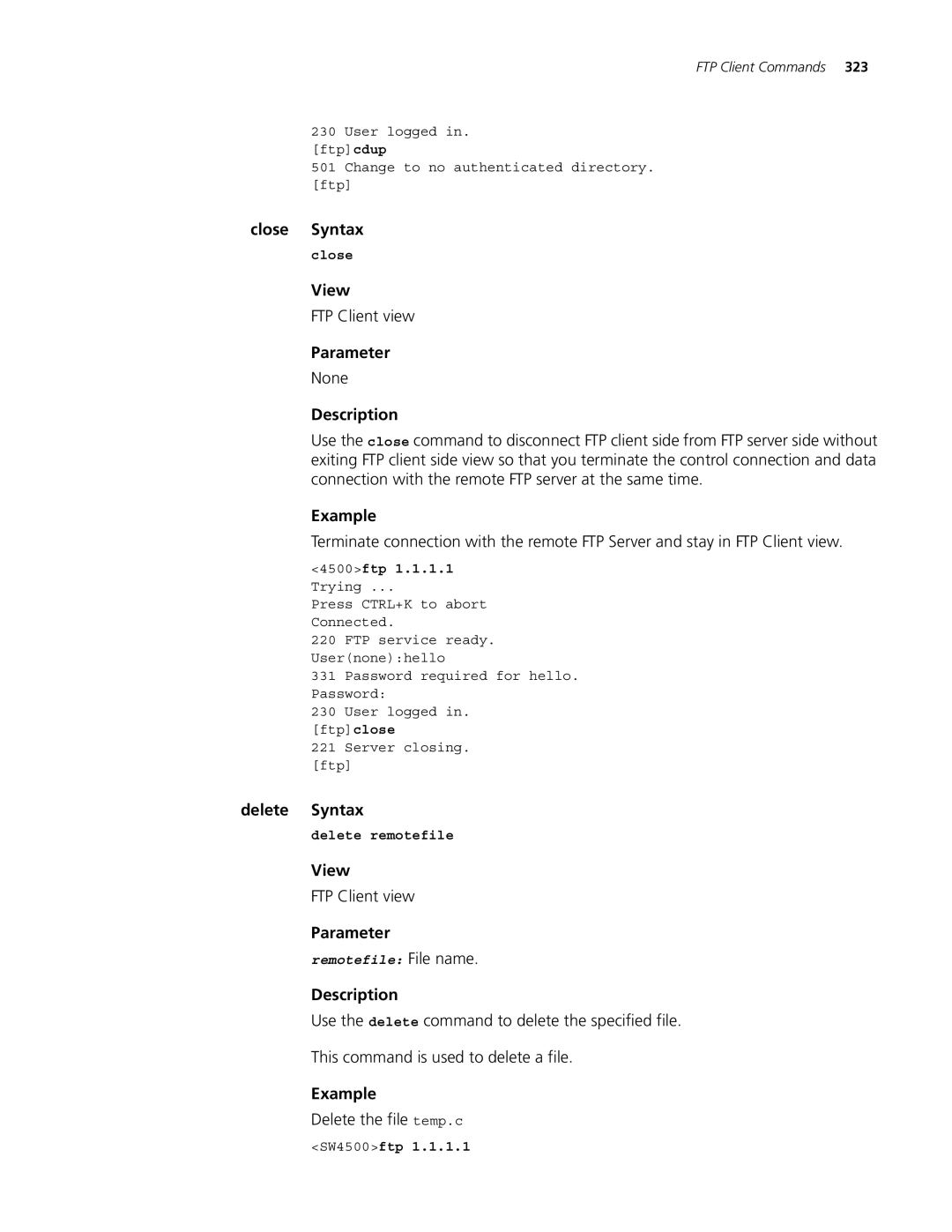 3Com 4500 PWR 26-PORT, 4500 PWR 50-PORT, 4500 50-PORT Close Syntax, Delete the file temp.c, Delete remotefile, SW4500ftp 