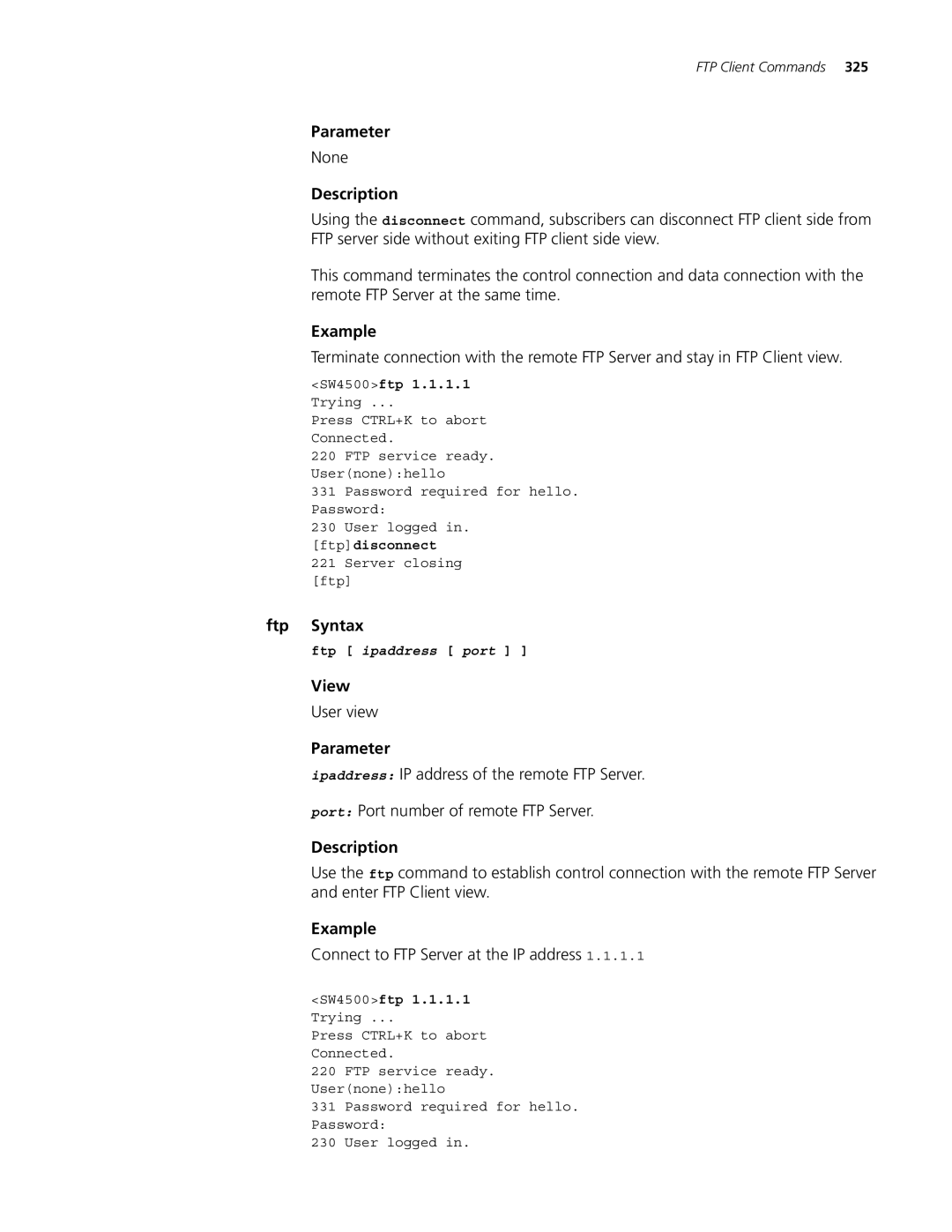 3Com 4500 26-PORT, 4500 PWR 50-PORT, 4500 PWR 26-PORT, 4500 50-PORT manual Ftp Syntax, Connect to FTP Server at the IP address 