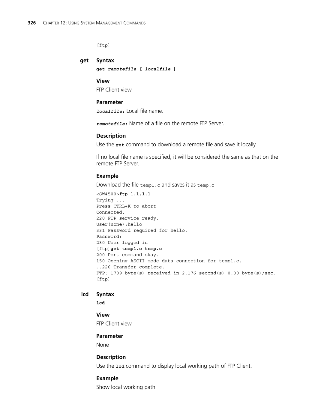 3Com 4500 PWR 50-PORT Get Syntax, Download the file temp1.c and saves it as temp.c, Lcd Syntax, Show local working path 