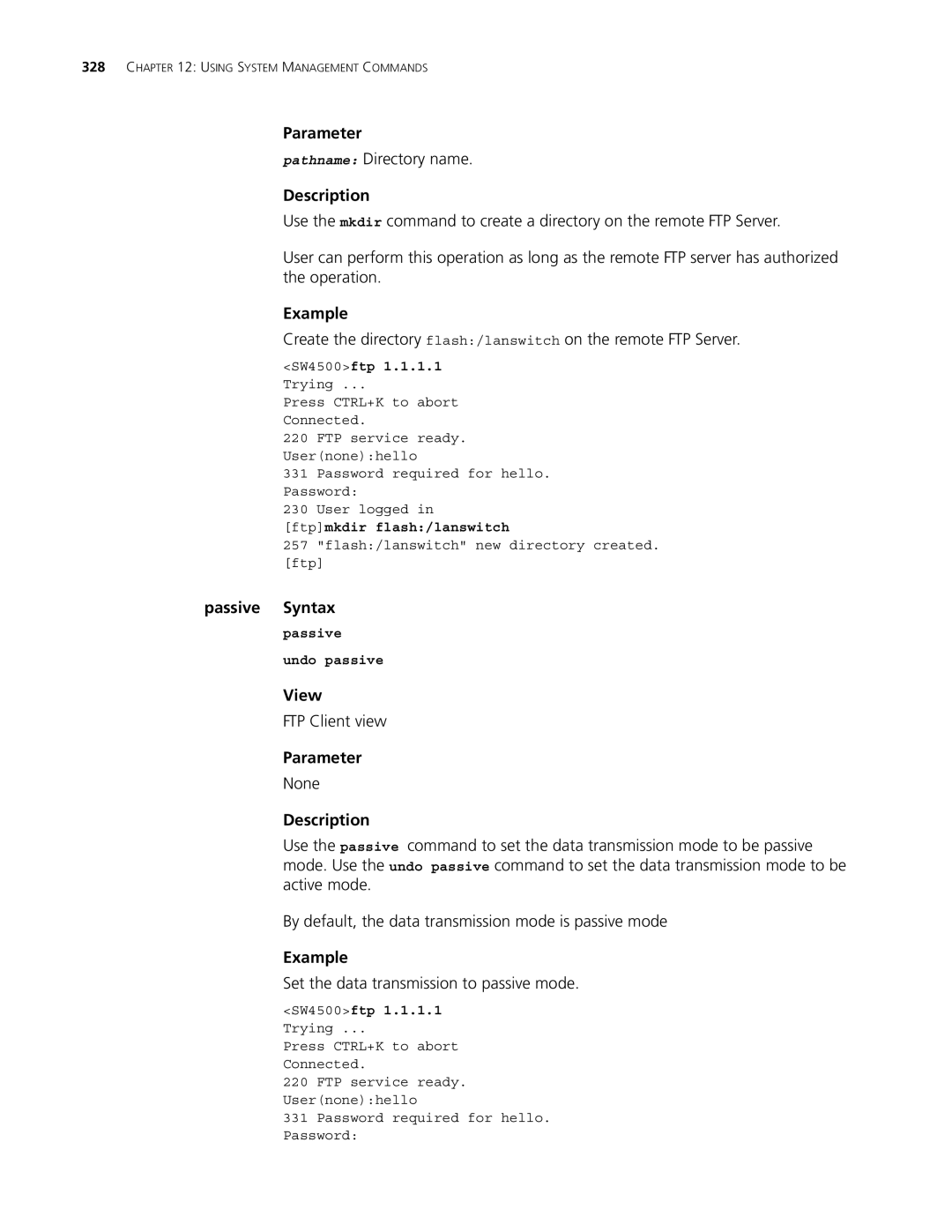 3Com 4500 50-PORT Pathname Directory name, Passive Syntax, Set the data transmission to passive mode, Passive Undo passive 