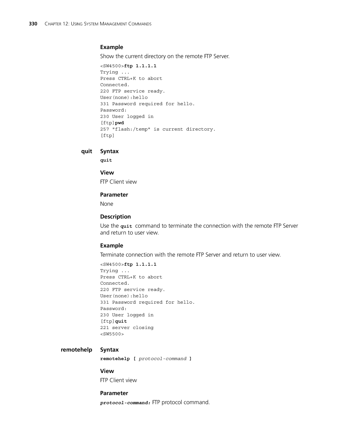 3Com 4500 PWR 50-PORT, 4500 PWR 26-PORT manual Show the current directory on the remote FTP Server, Remotehelp Syntax 