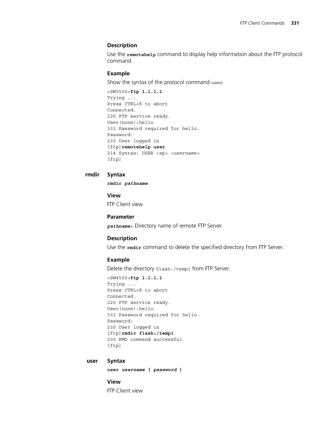 3Com 4500 PWR 26-PORT manual Show the syntax of the protocol command user, Pathname Directory name of remote FTP Server 