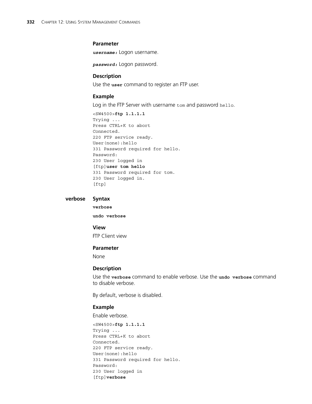 3Com 4500 50-PORT manual Username Logon username Password Logon password, Use the user command to register an FTP user 