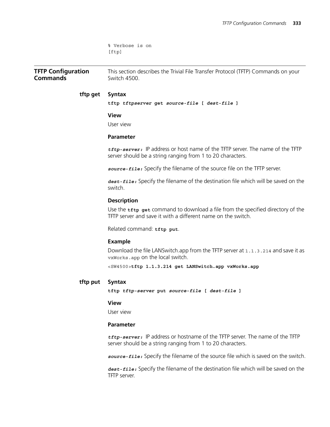 3Com 4500 26-PORT Tftp get Syntax, Server should be a string ranging from 1 to 20 characters, Related command tftp put 