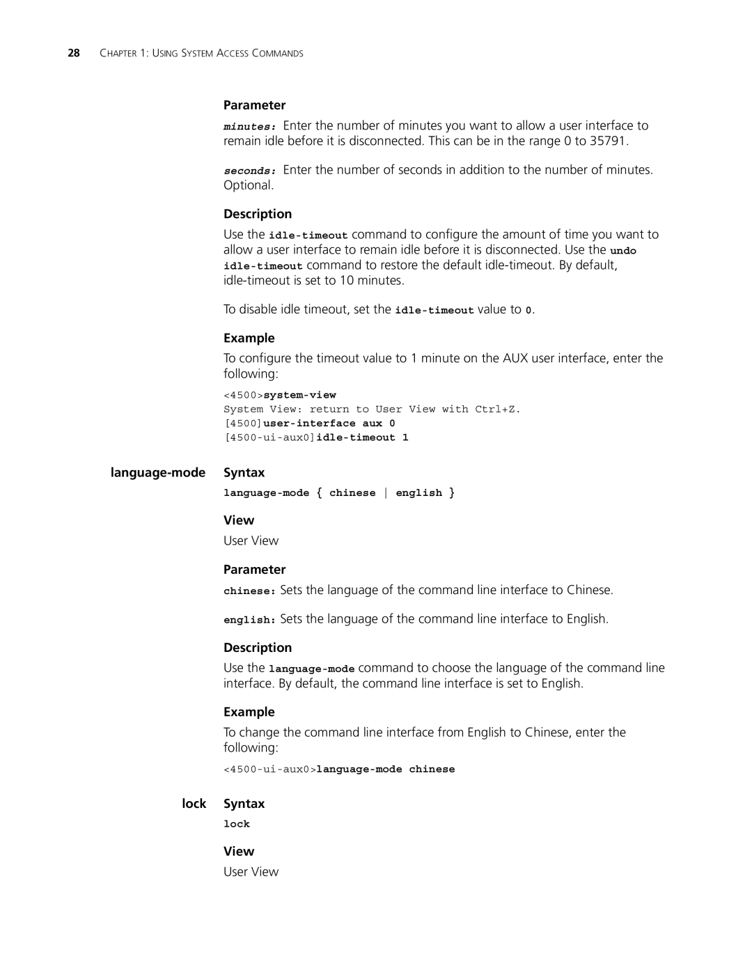 3Com 4500 50-PORT manual Language-mode Syntax, Lock Syntax, Language-mode chinese english, Ui-aux0language-mode chinese 