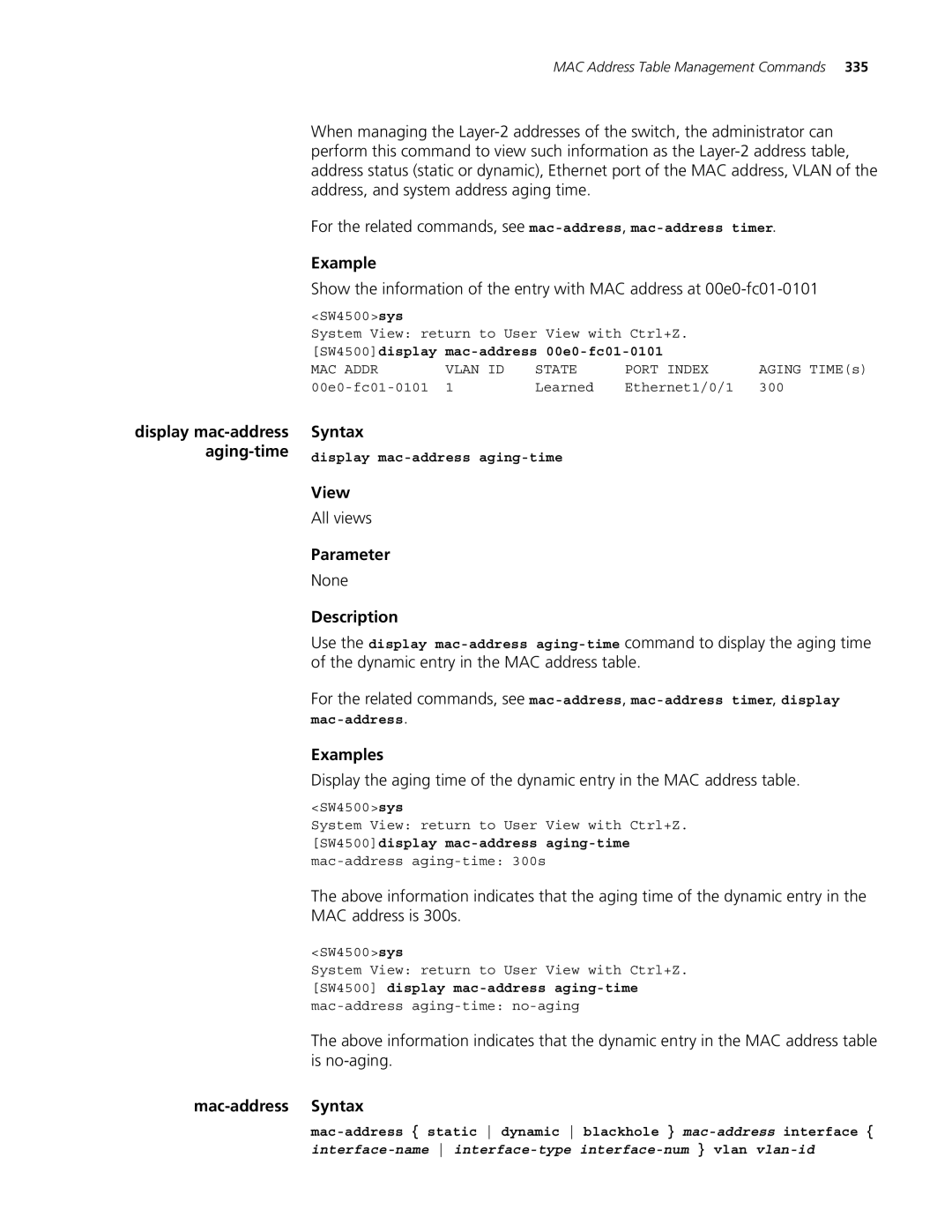 3Com 4500 PWR 26-PORT manual Mac-address Syntax, SW4500display mac-address 00e0-fc01-0101, Display mac-address aging-time 