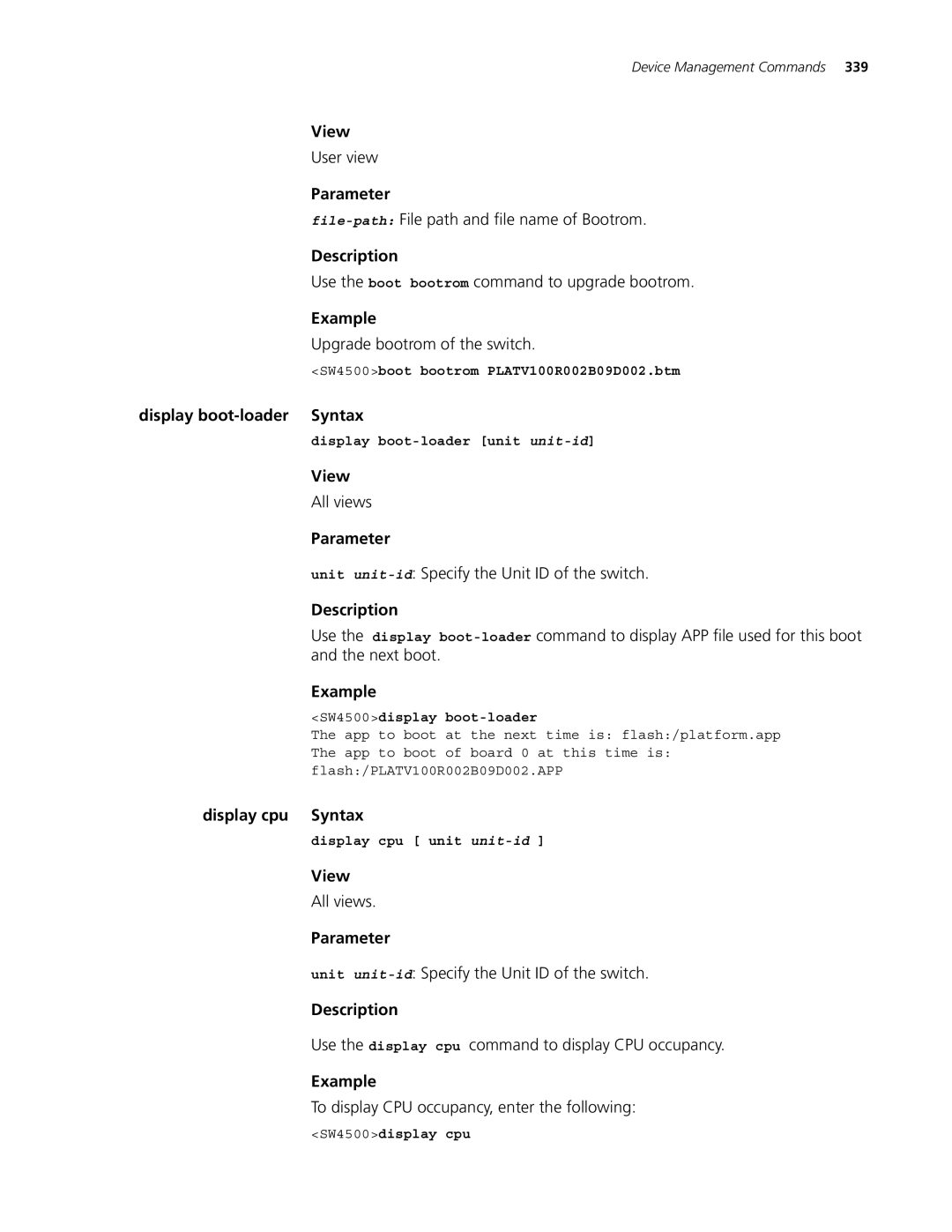 3Com 4500 PWR 26-PORT, 4500 PWR 50-PORT, 4500 50-PORT, 4500 26-PORT manual Display boot-loader Syntax, Display cpu Syntax 