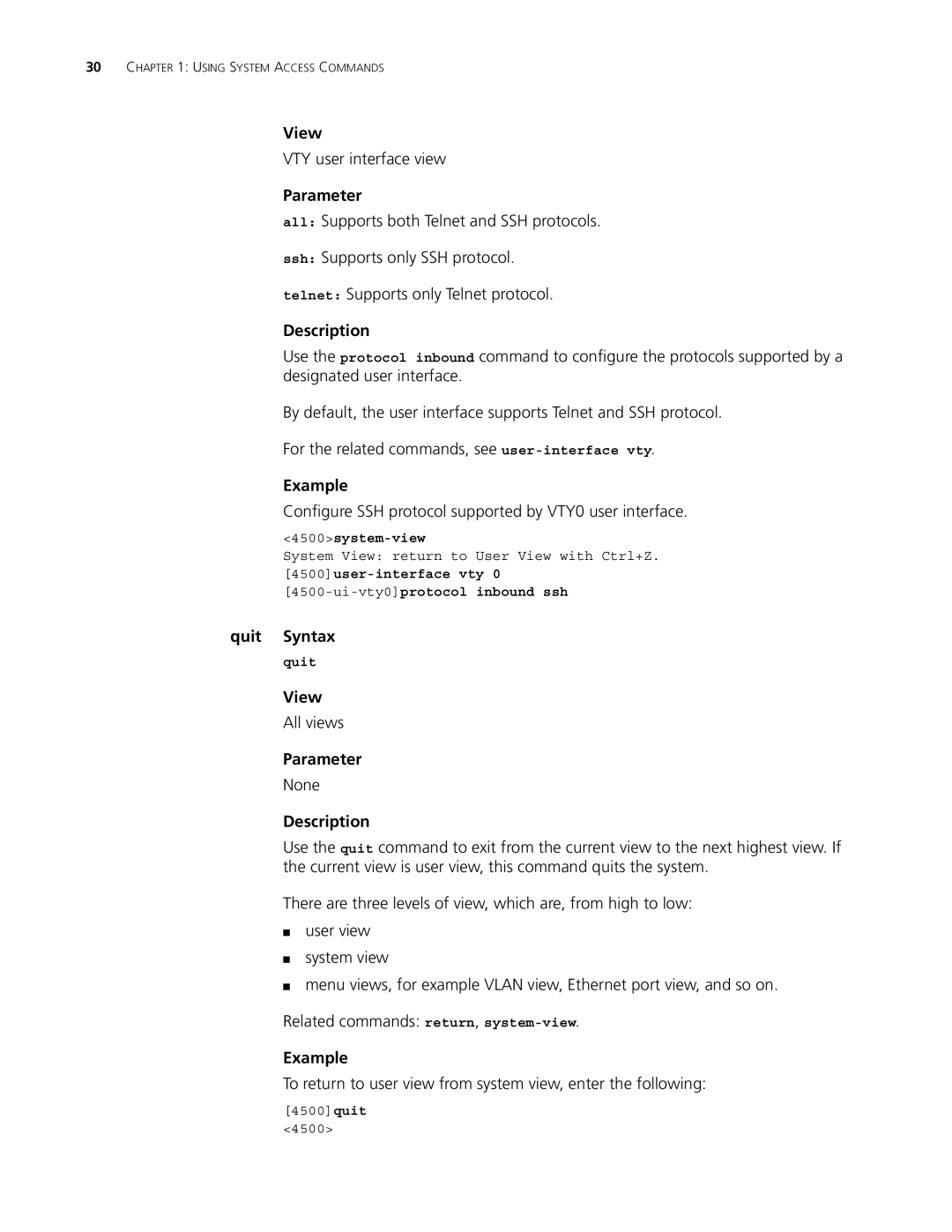 3Com 4500 PWR 50-PORT manual VTY user interface view, Configure SSH protocol supported by VTY0 user interface, Quit Syntax 