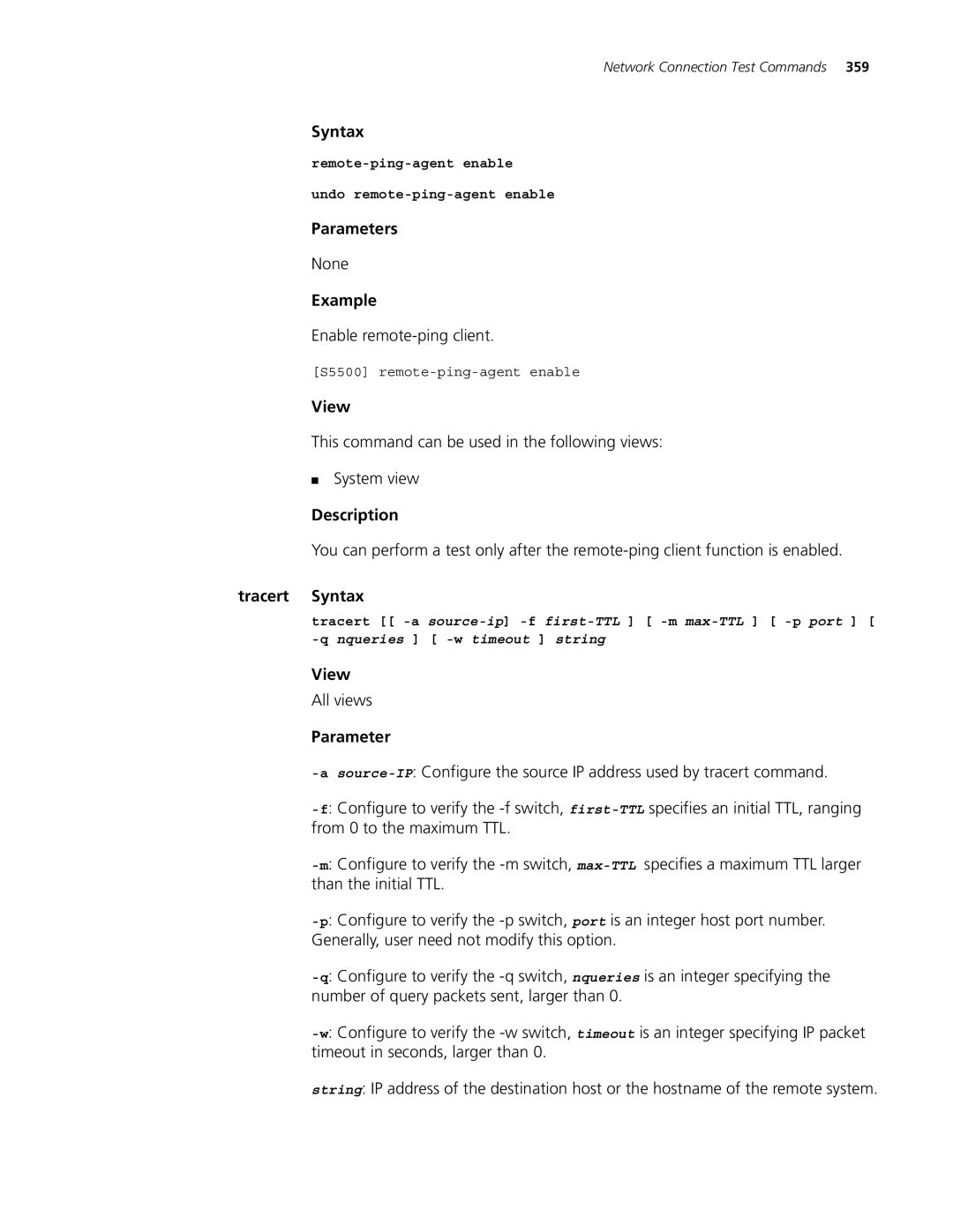 3Com 4500 PWR 26-PORT Enable remote-ping client, Tracert Syntax, Remote-ping-agent enable Undo remote-ping-agent enable 