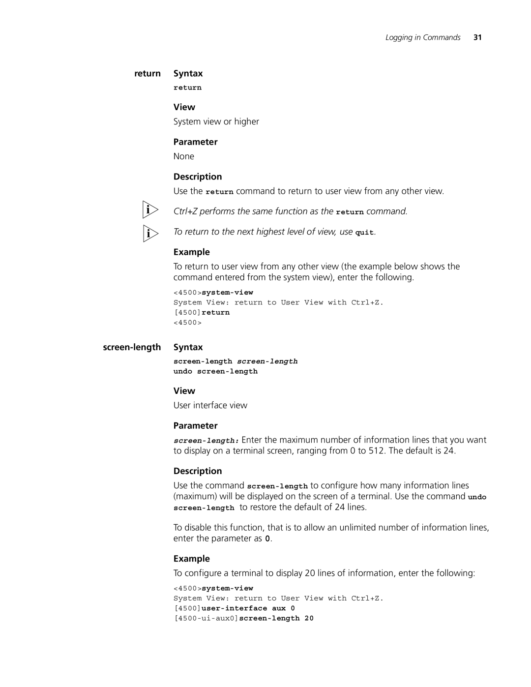 3Com 4500 PWR 26-PORT, 4500 PWR 50-PORT, 4500 50-PORT manual Return Syntax, System view or higher, Screen-length Syntax 