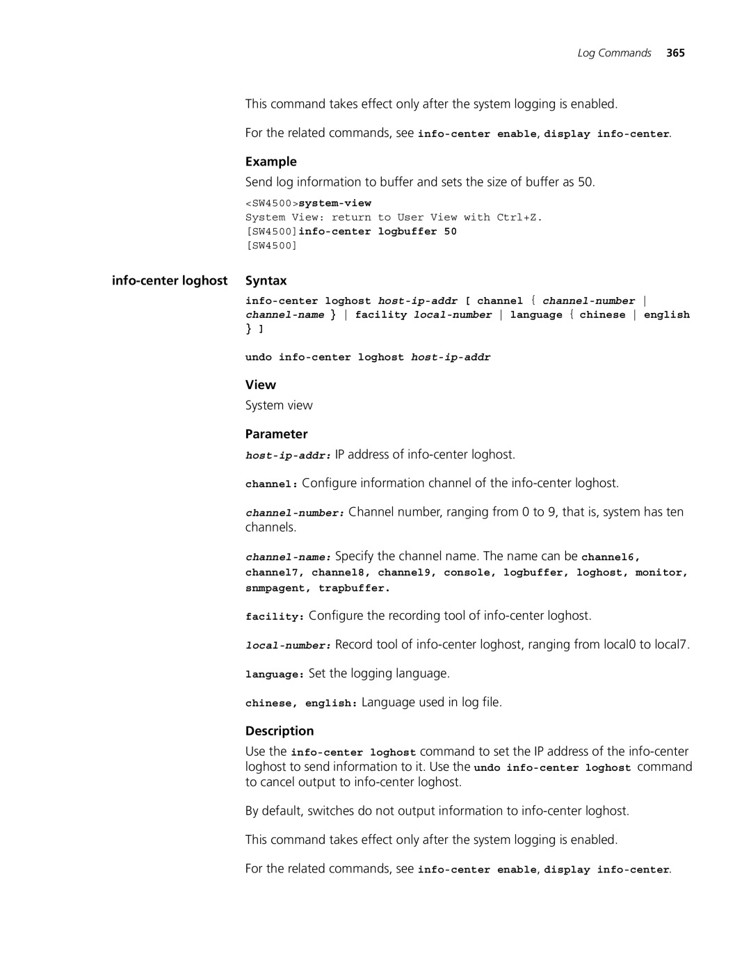 3Com 4500 26-PORT, 4500 PWR 50-PORT, 4500 PWR 26-PORT, 4500 50-PORT Info-center loghost Syntax, SW4500info-center logbuffer 