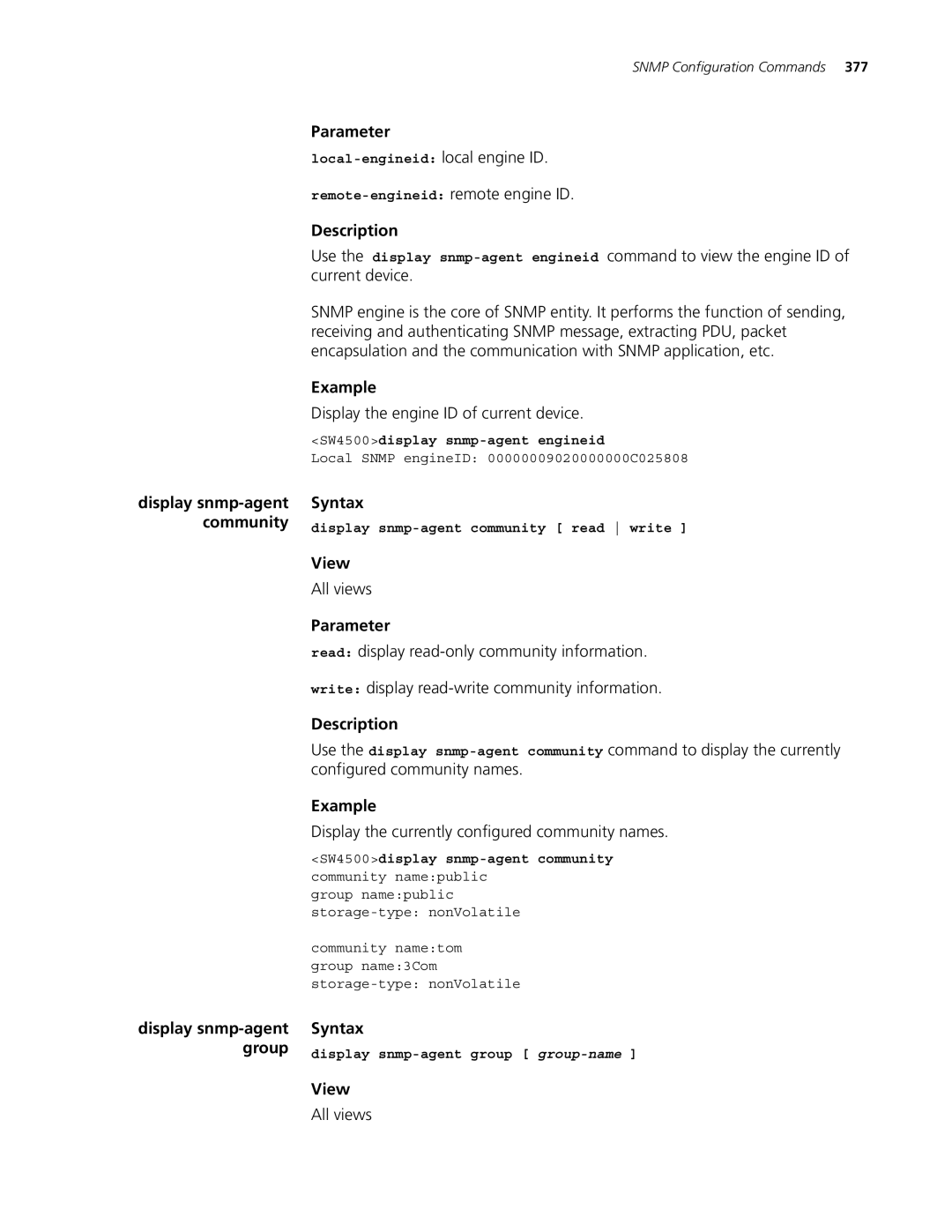 3Com 4500 26-PORT manual Display the engine ID of current device, Display the currently configured community names, Group 