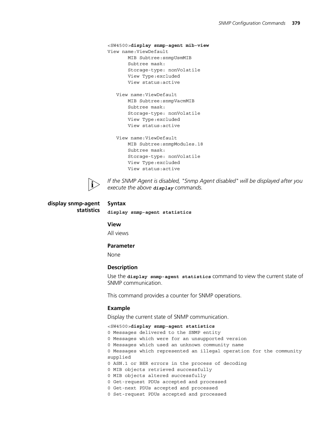 3Com 4500 PWR 26-PORT, 4500 PWR 50-PORT Display the current state of Snmp communication, Display snmp-agent statistics 