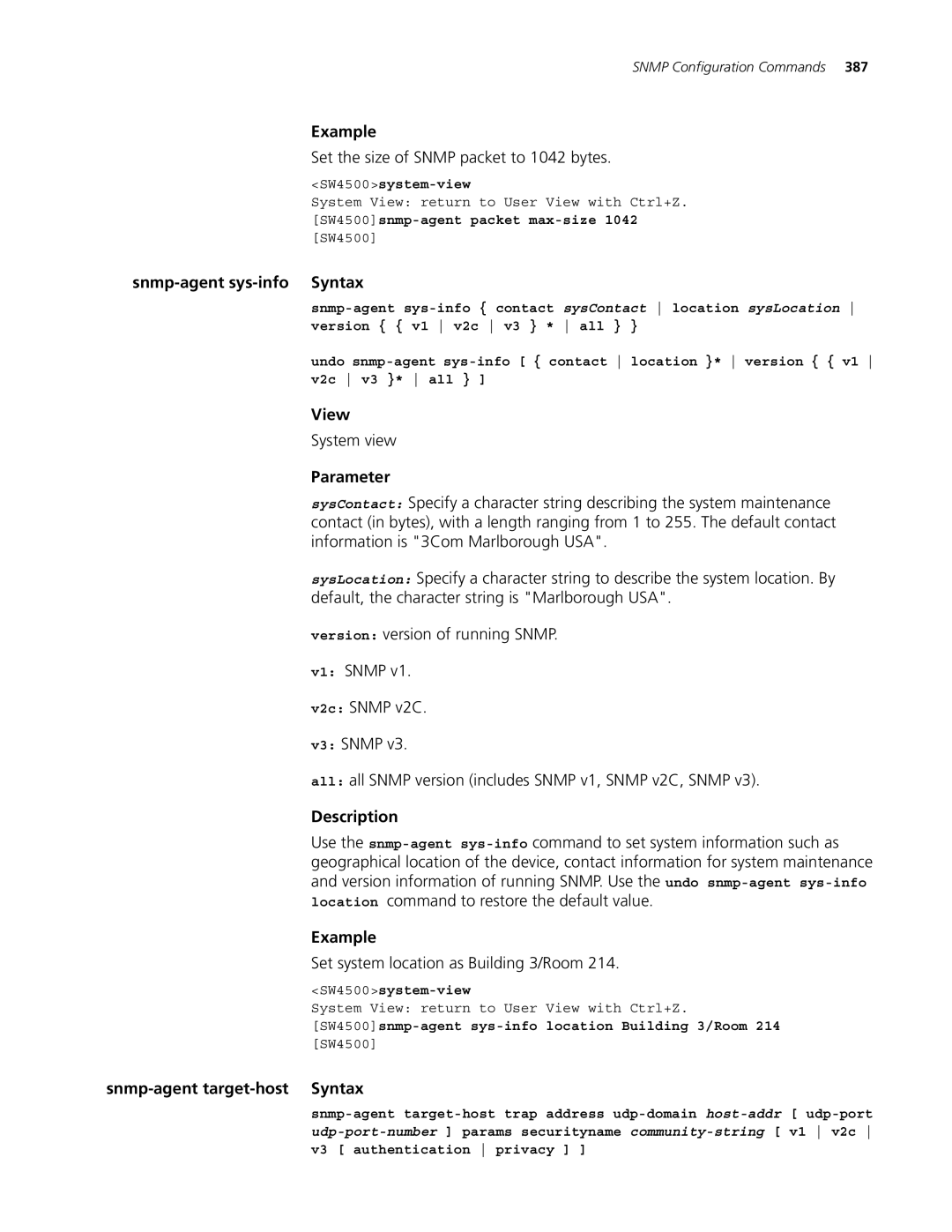 3Com 4500 PWR 26-PORT Set the size of Snmp packet to 1042 bytes, Snmp-agent sys-info Syntax, Snmp-agent target-host Syntax 