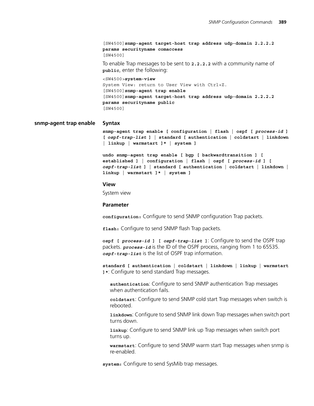 3Com 4500 26-PORT, 4500 50-PORT Snmp-agent trap enable Syntax, Standard authentication coldstart linkdown linkup warmstart 