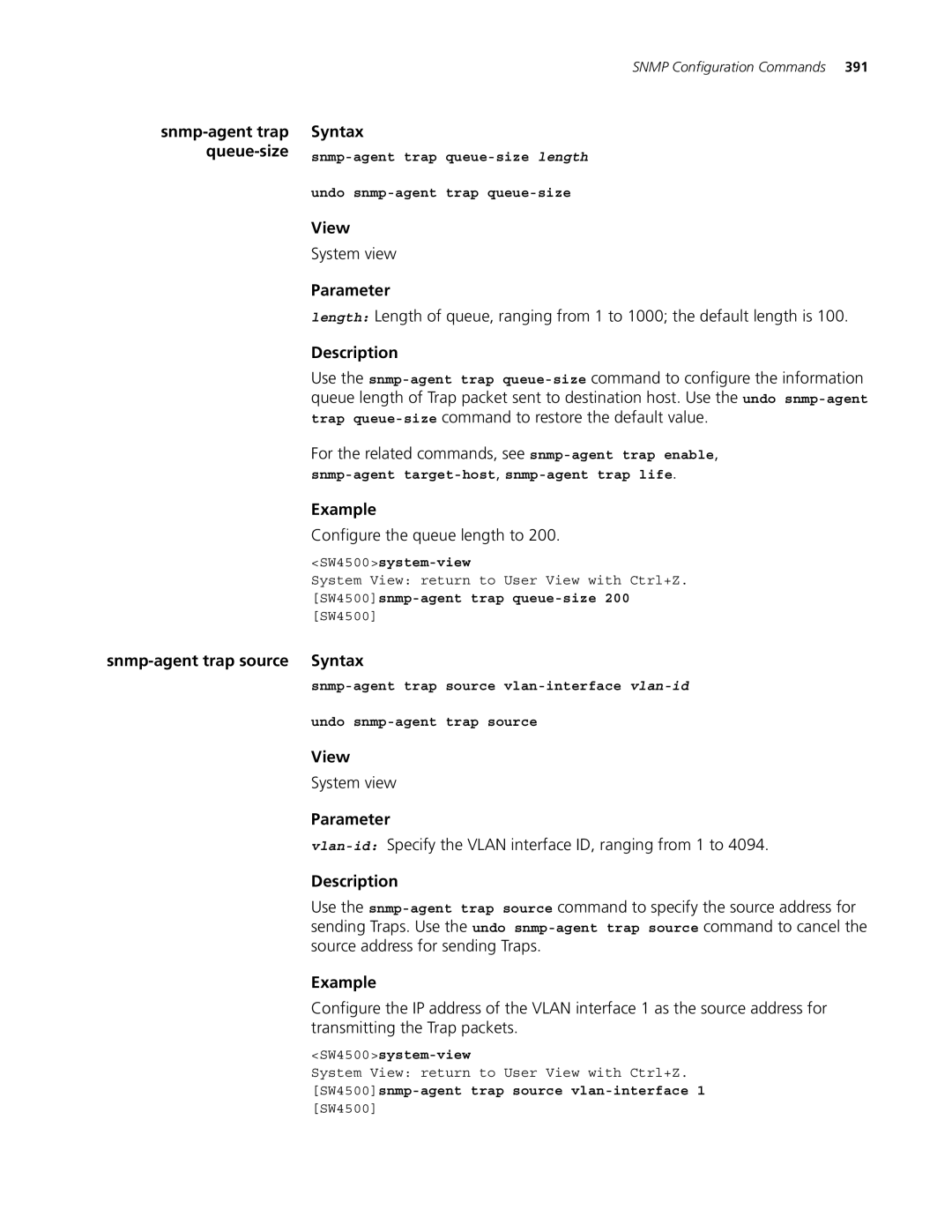 3Com 4500 PWR 26-PORT manual Configure the queue length to, Snmp-agent trap source Syntax, SW4500snmp-agent trap queue-size 