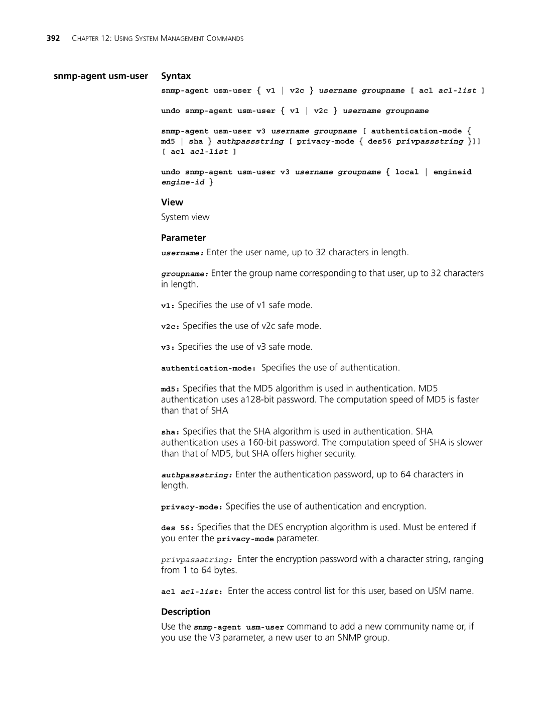 3Com 4500 50-PORT, 4500 PWR 50-PORT, 4500 PWR 26-PORT, 4500 26-PORT manual Snmp-agent usm-user Syntax 