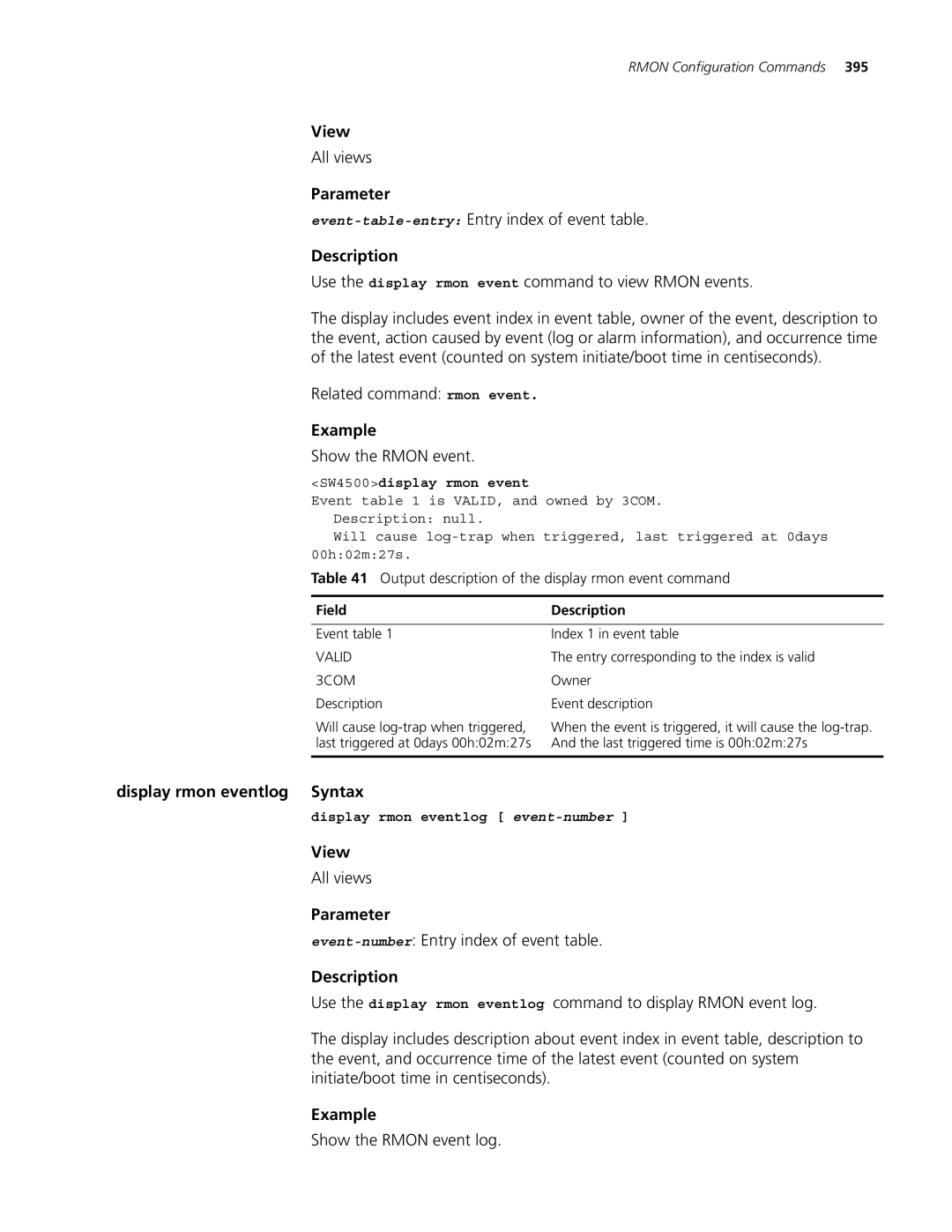 3Com 4500 PWR 26-PORT, 4500 PWR 50-PORT, 4500 50-PORT, 4500 26-PORT manual Display rmon eventlog Syntax 