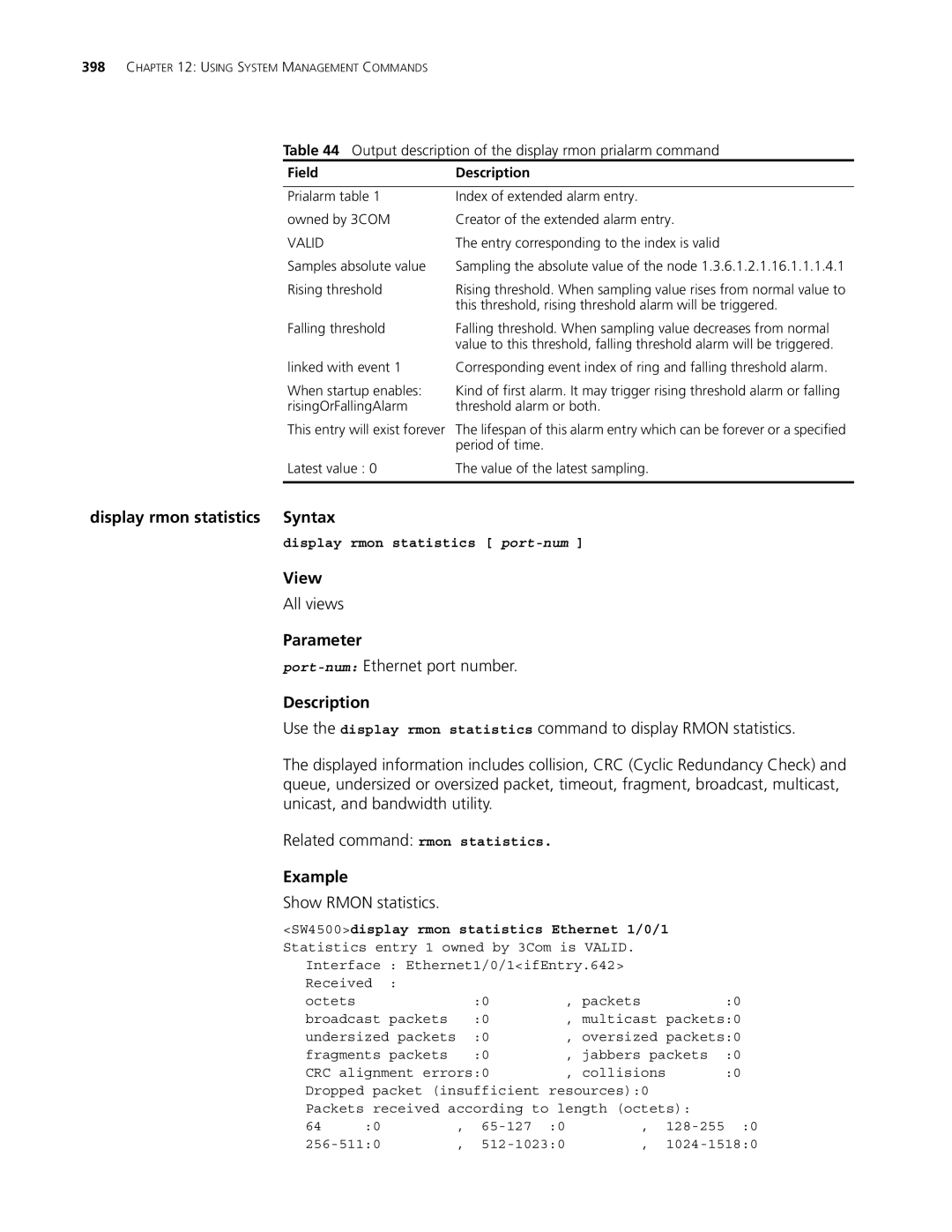 3Com 4500 PWR 50-PORT, 4500 PWR 26-PORT Display rmon statistics Syntax, Port-numEthernet port number, Show Rmon statistics 