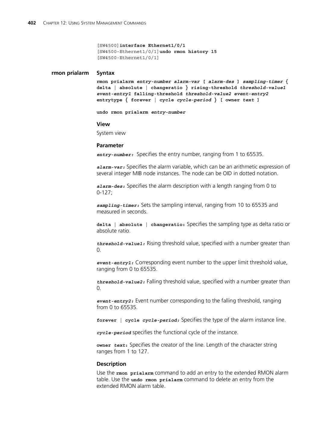 3Com 4500 PWR 50-PORT, 4500 PWR 26-PORT Rmon prialarm Syntax, Entry-numberSpecifies the entry number, ranging from 1 to 