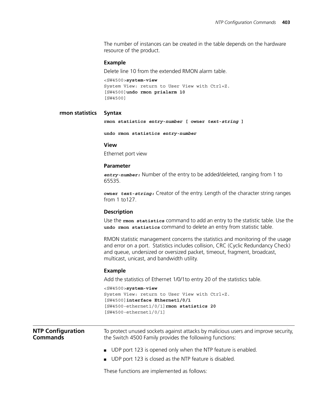 3Com 4500 PWR 26-PORT Resource of the product, Delete line 10 from the extended Rmon alarm table, Rmon statistics Syntax 