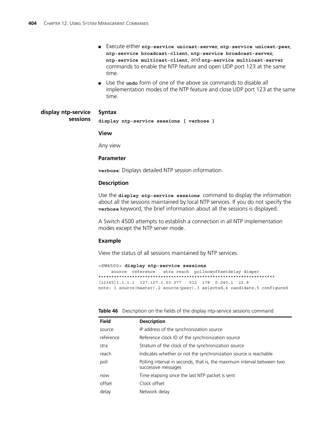 3Com 4500 50-PORT, 4500 26-PORT Verbose Displays detailed NTP session information, Display ntp-service sessions verbose 