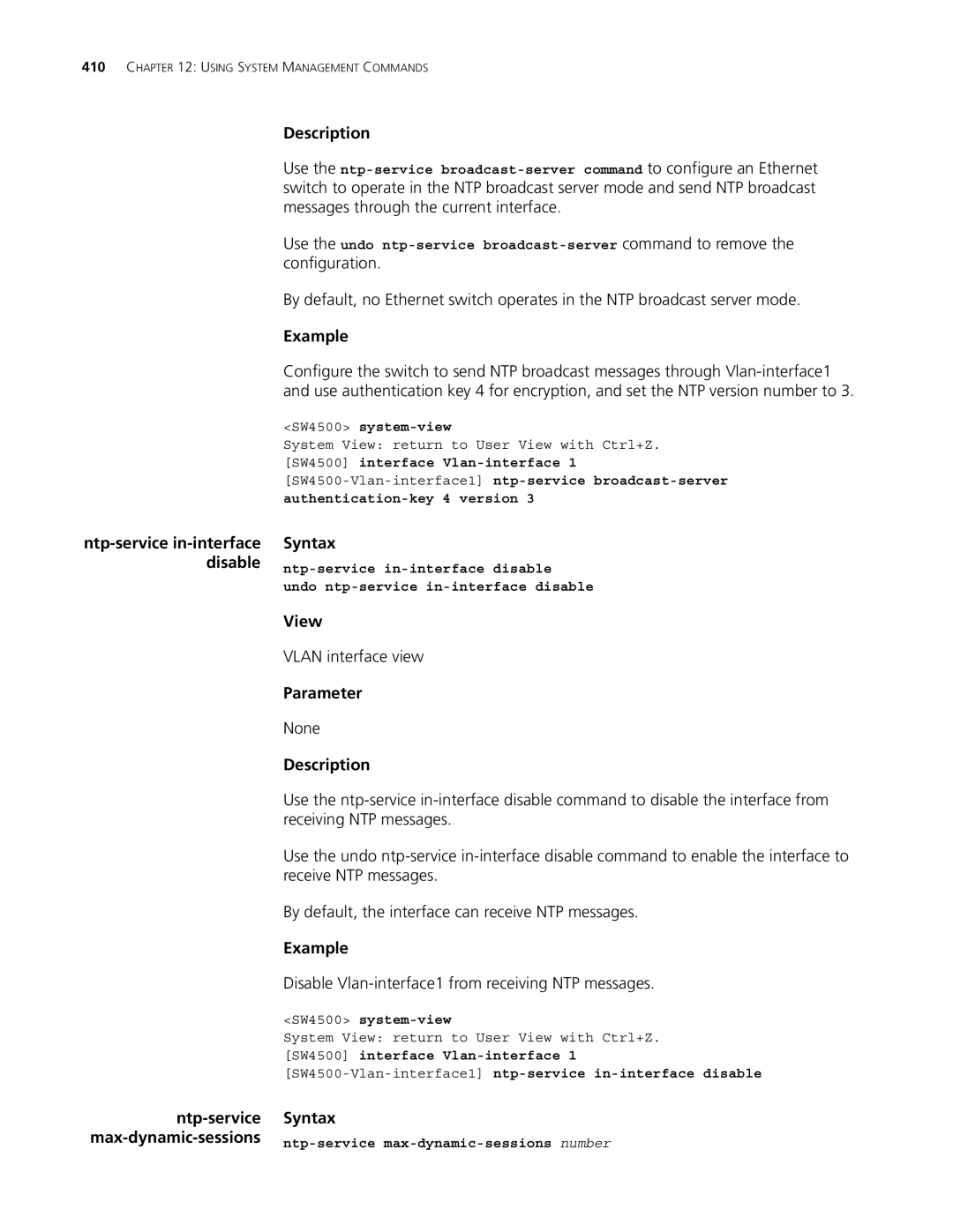 3Com 4500 PWR 50-PORT, 4500 PWR 26-PORT manual Disable Vlan-interface1 from receiving NTP messages, Ntp-service Syntax 